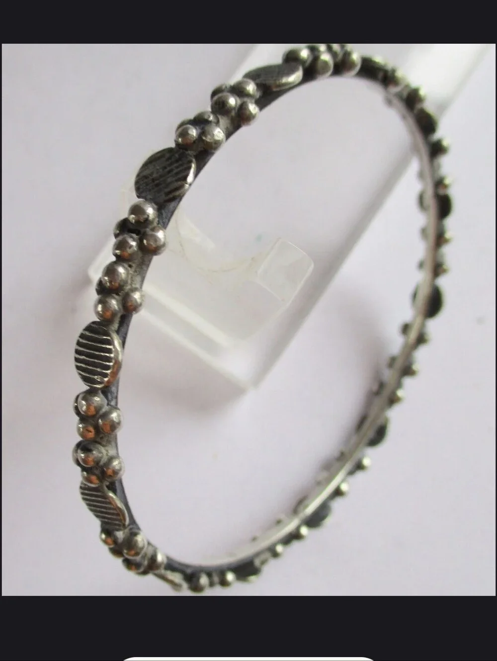 Tribal Silver Textured Beaded Bangle - Silver